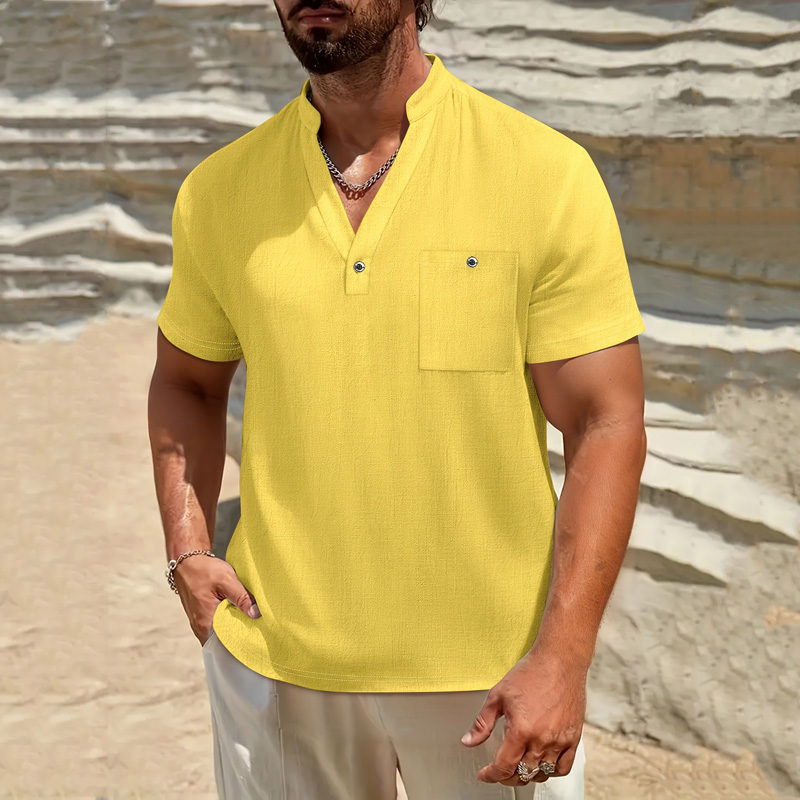 Camisa Henley Masculina de Alg - Linen Shirt Breathable avaliação e preço