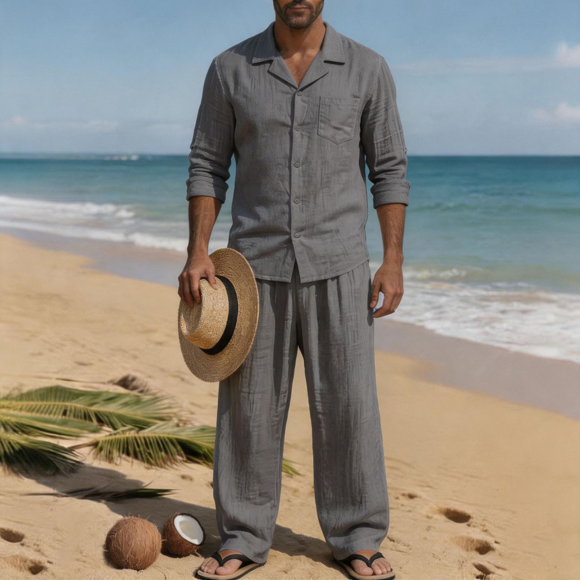 Conjunto de Praia Masculino de - Linen Shirt Breathable avaliação e preço