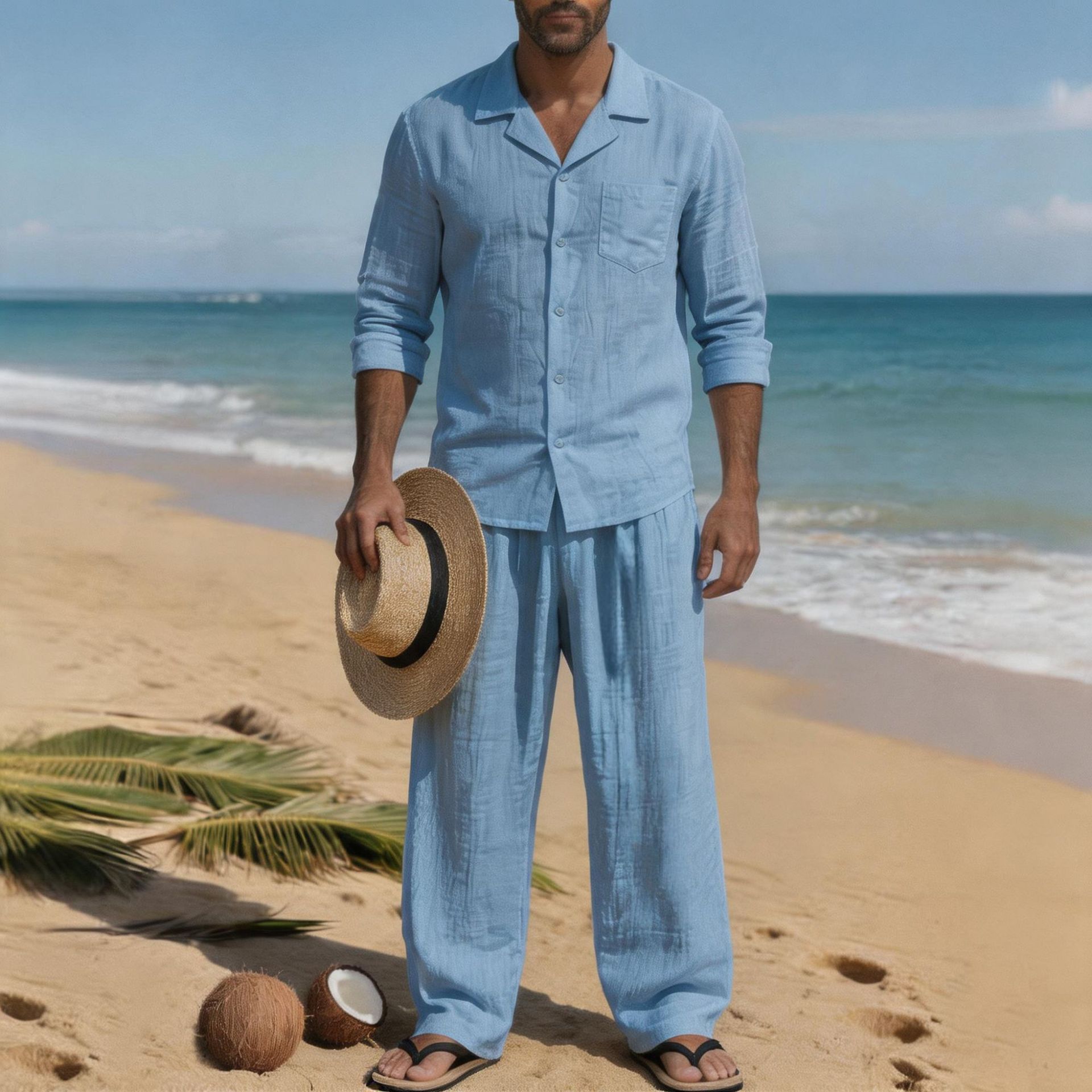 Conjunto de Praia Masculino de - Linen Shirt Breathable avaliação e preço